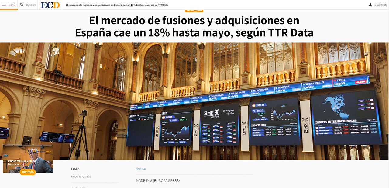 El mercado de fusiones y adquisiciones en Espaa cae un 18% hasta mayo, segn TTR Data